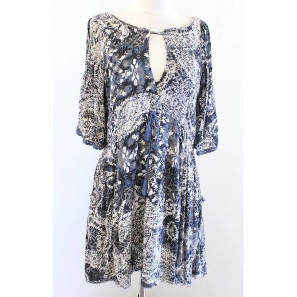 Free People blue printed Love Birds  mini dress / long tunic bohemian w/pockets - Picture 2 of 16